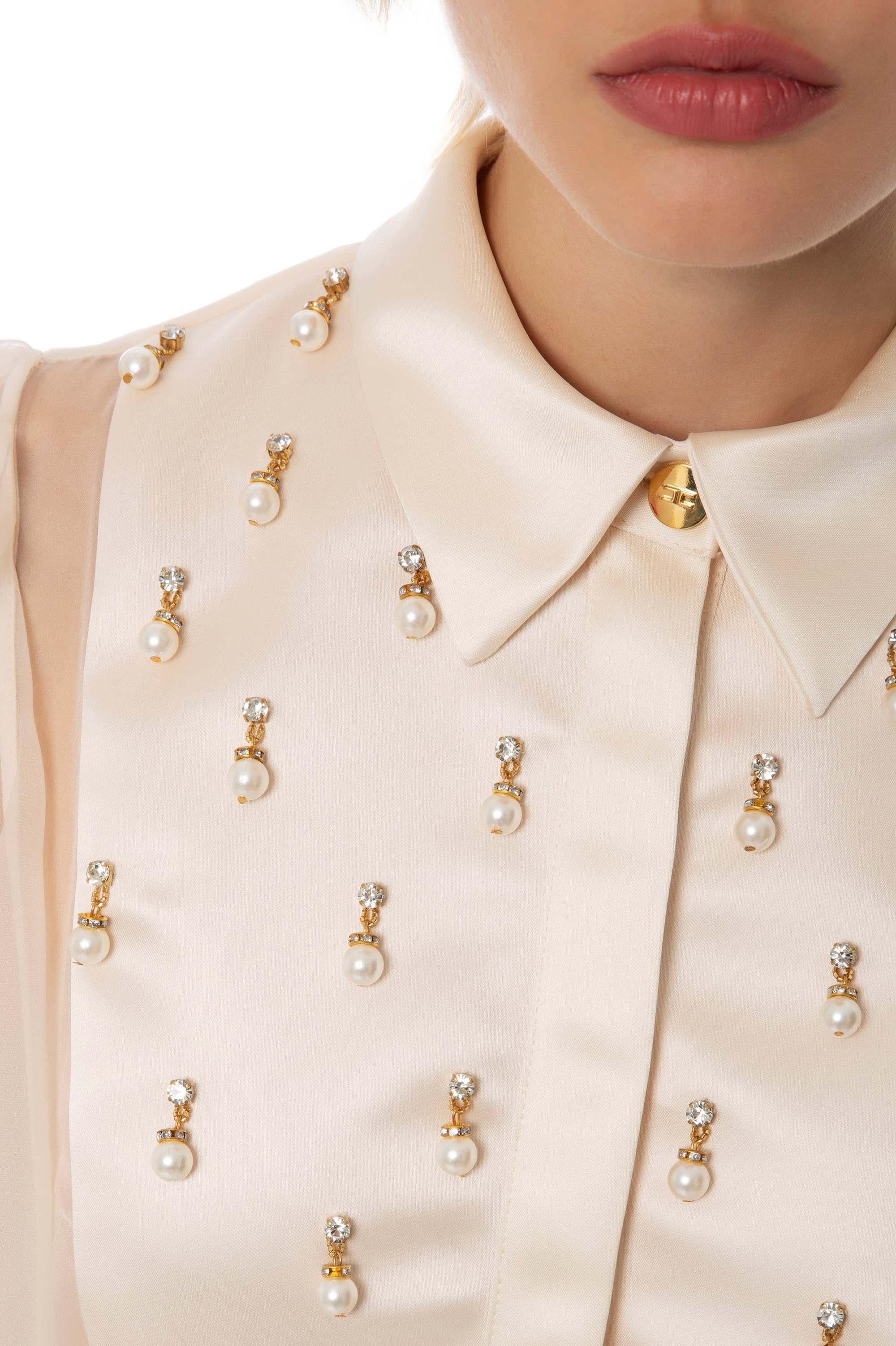 Bodysuit-style blouse in organza fabric with embroidered bib | Elisabetta  Franchi® Outlet