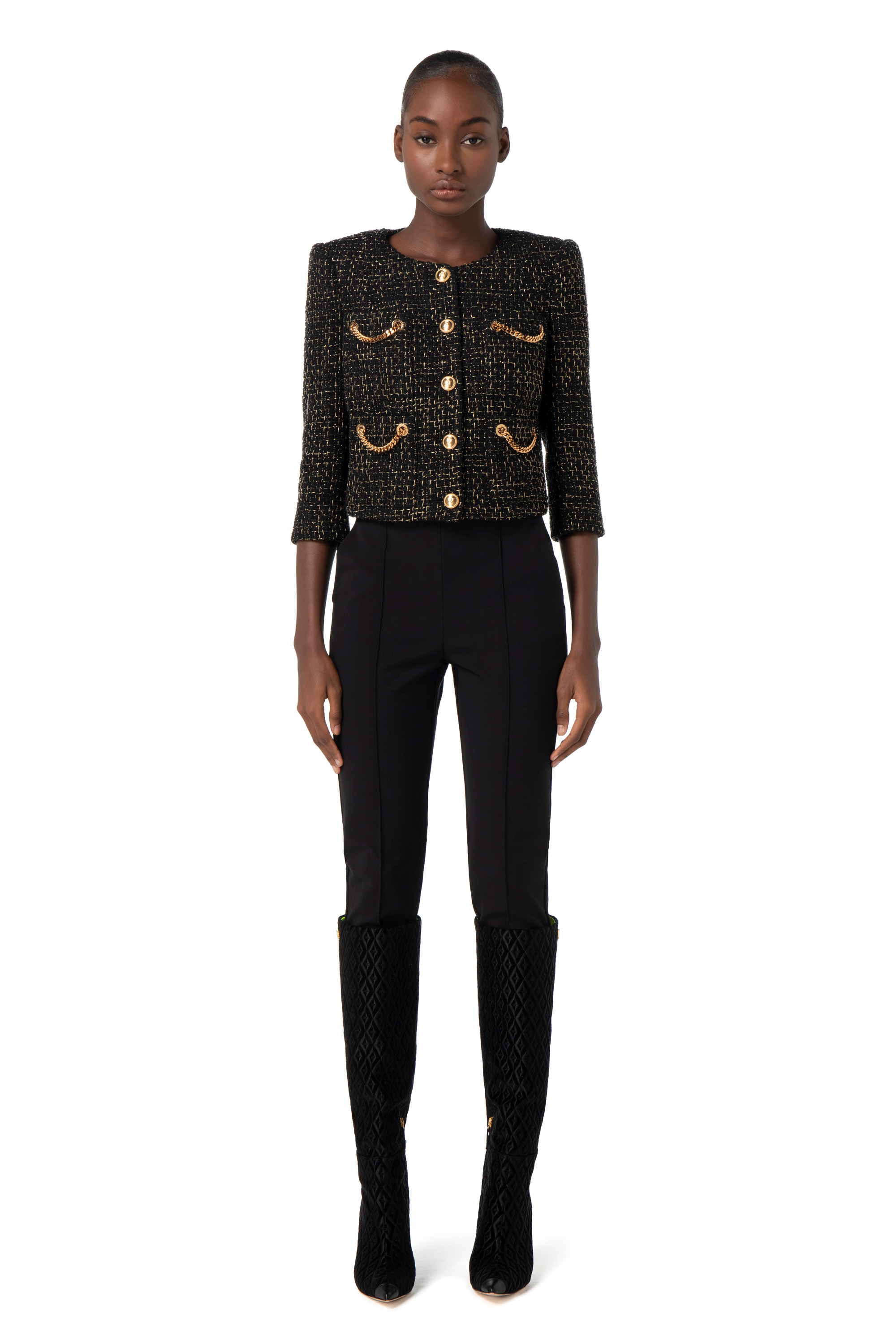 Lurex tweed short jacket with chains | Elisabetta Franchi® Outlet