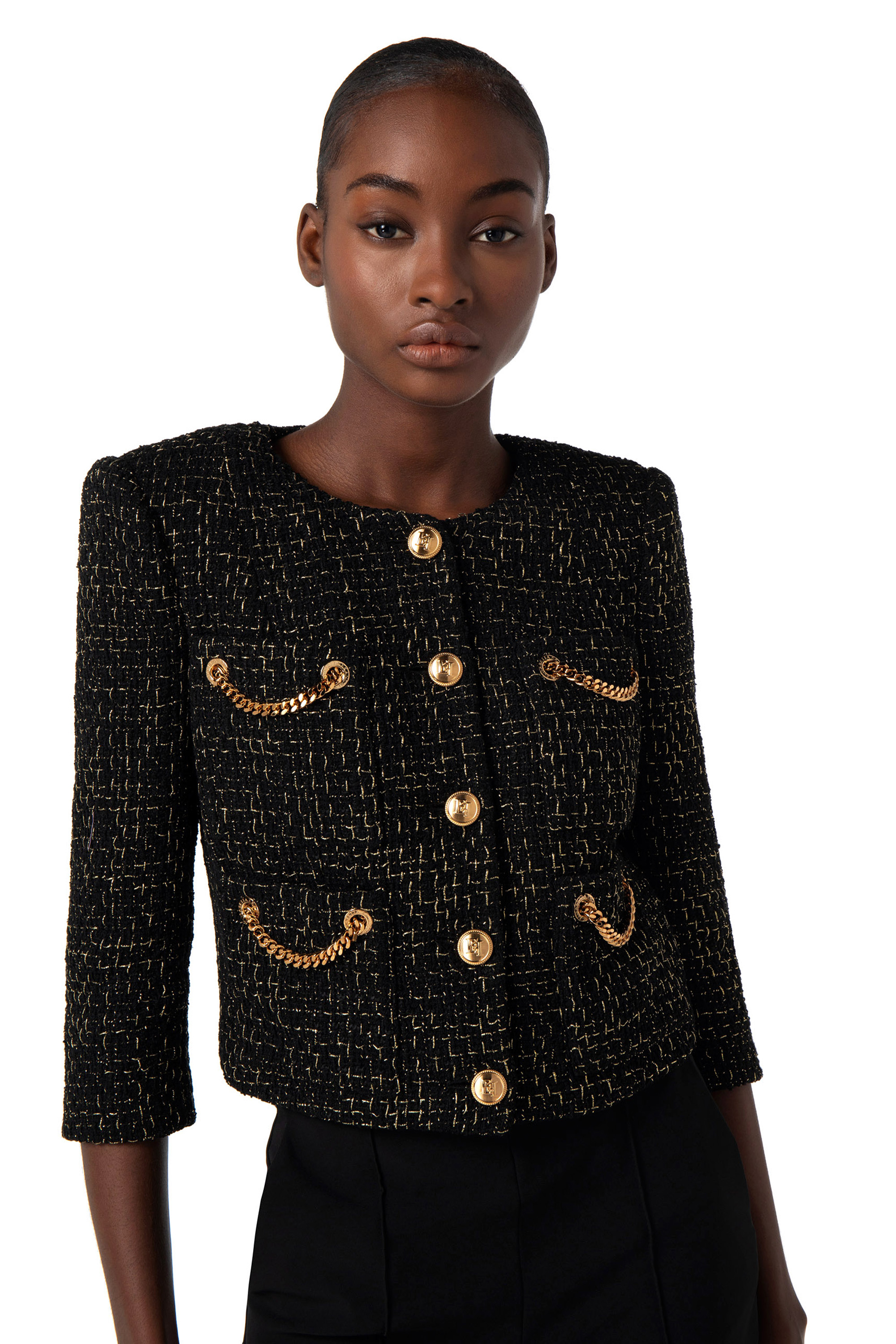 Lurex tweed short jacket with chains | Elisabetta Franchi® Outlet
