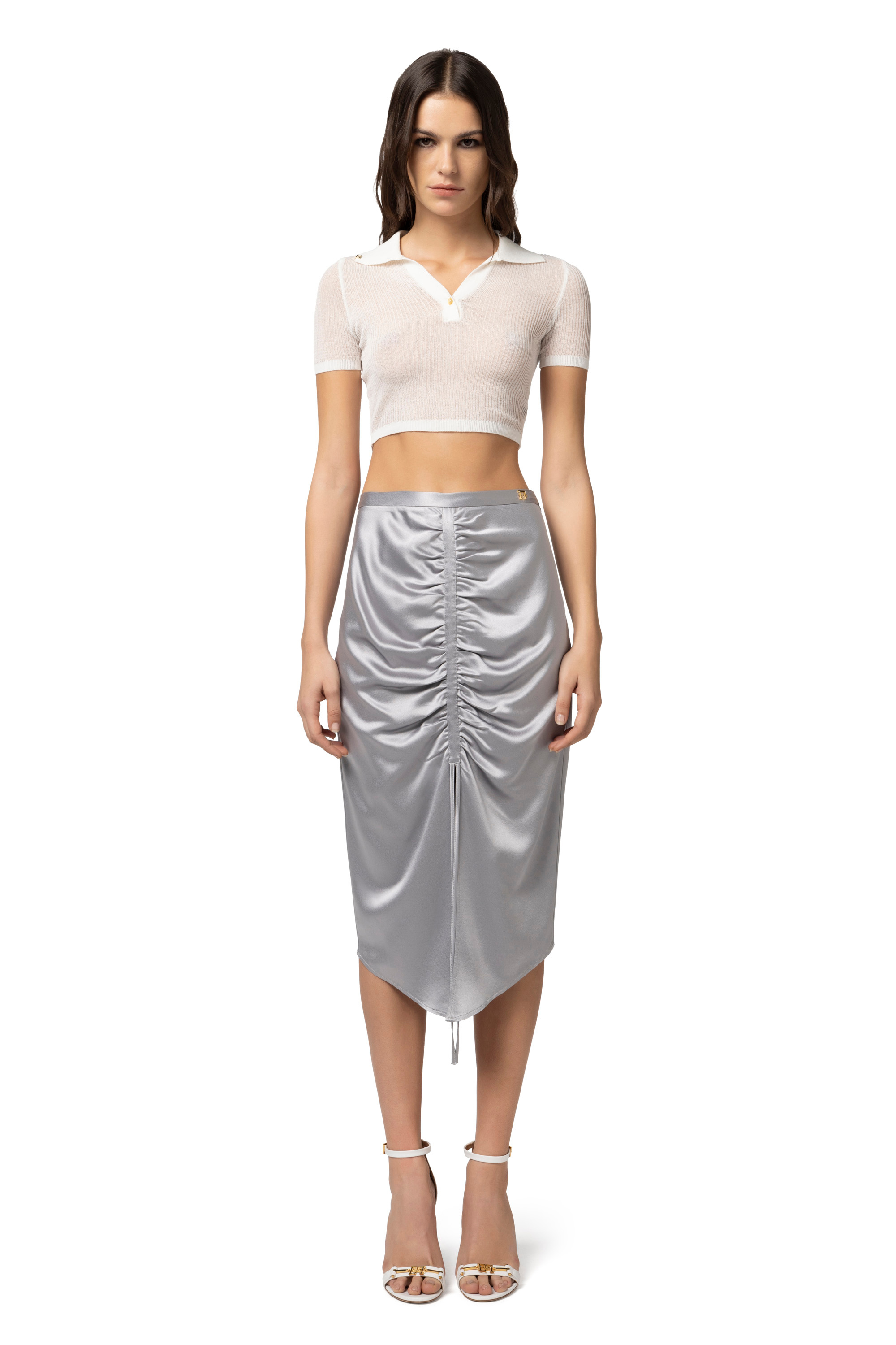 Fine ribbed crêpe cropped polo shirt | Elisabetta Franchi® Outlet