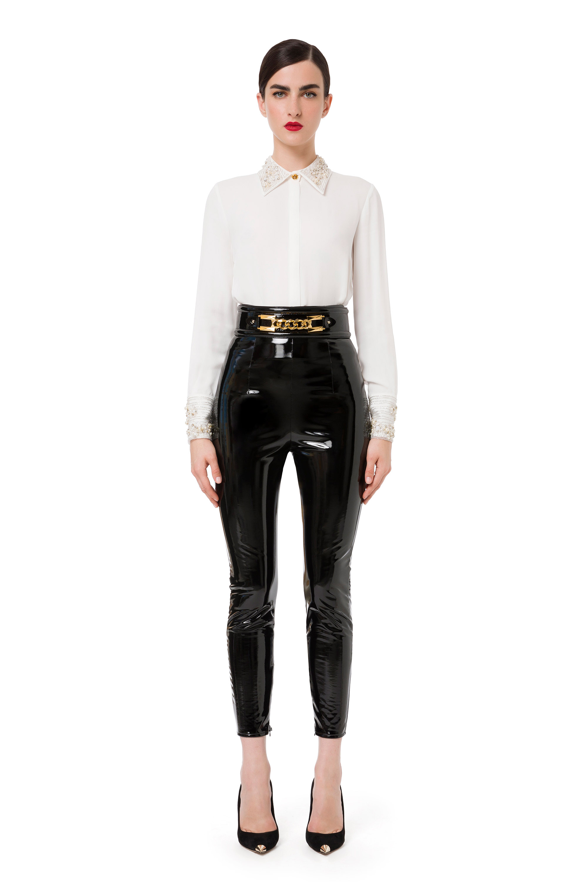 High-waist glossy patent leather leggings