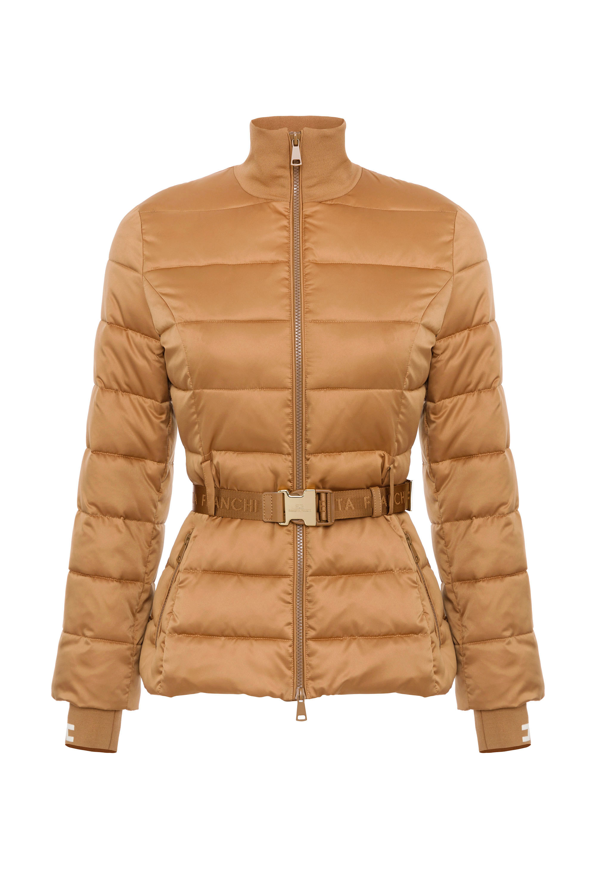 Oversized down jacket in satin voile with faux fur