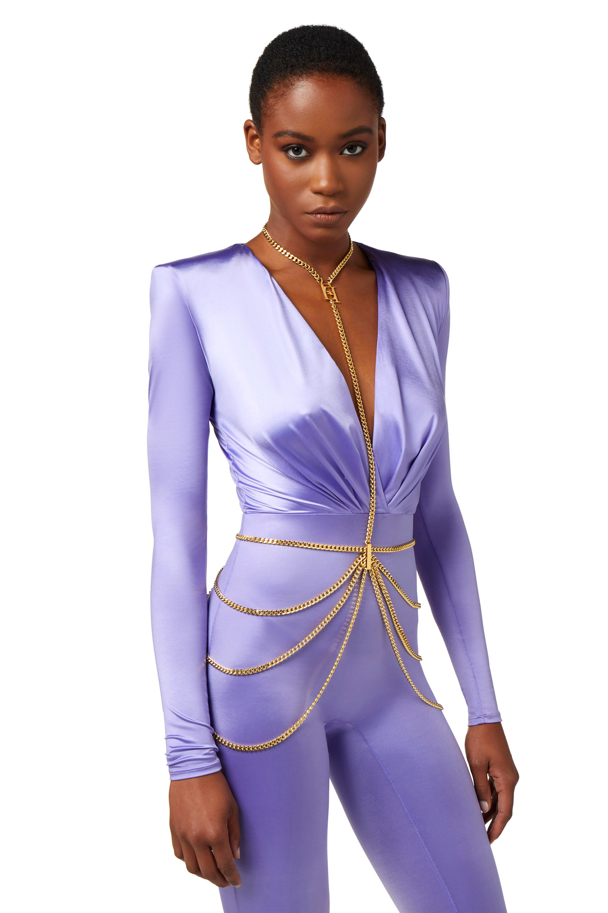 Lycra jumpsuit with body chain